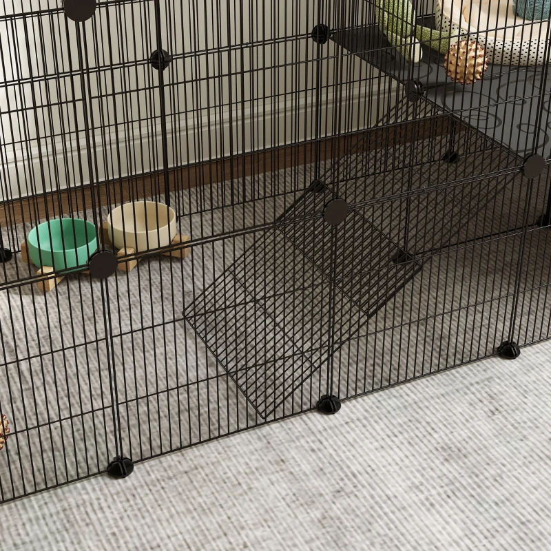 PawHut Enclos pour petits animaux, cage à lapin modulable 2 niveaux, 39 panneaux avec rampe, en acier, 140 x 70 x 105 cm, noir