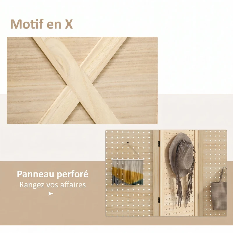 HOMCOM Paravent intérieur en bois 3 panneaux séparateur de pièce pliable panneau perforé 114 x 1,7 x 144,5 cm bois naturel