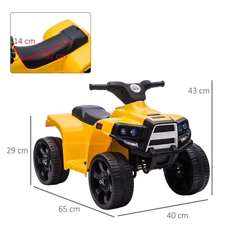 HOMCOM Quad Eléctrico para Niños 18-36 Meses Cuatrimoto Infantil a Batería 6V con Faros Bocina Velocidad 0-3 km/h Avance y Retroceso 65x40x43 cm Amarillo