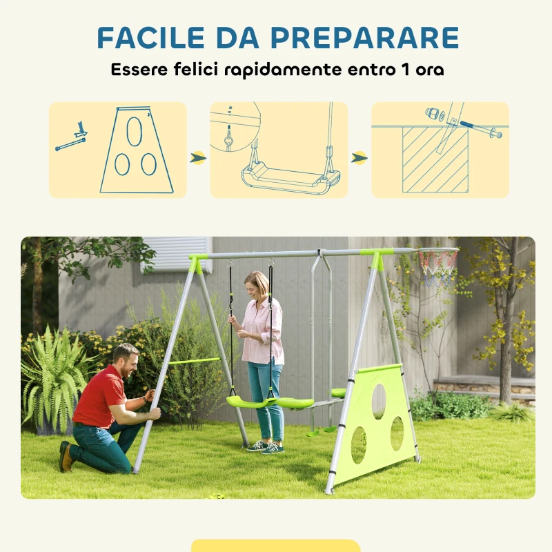 AIYAPLAY Gioco per Bambini 3 in 1 con Altalena da Giardino, Canestro e Porta da Calcio, 238x180x182 cm,, Verde e Grigio