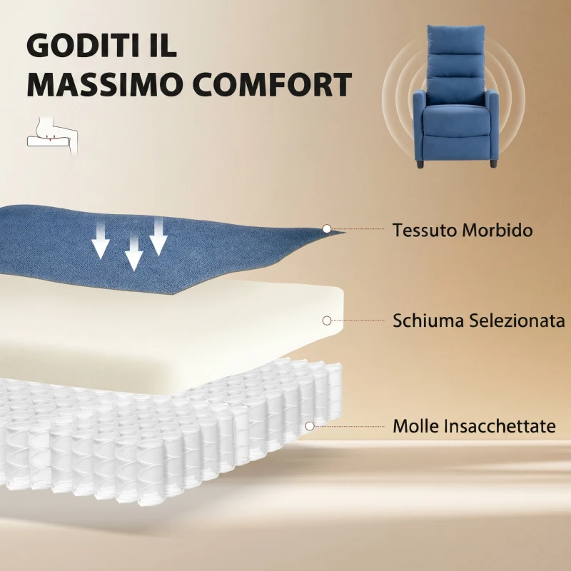 HOMCOM Poltrona Massaggiante e Reclinabile a 160° con Poggiapiedi e Telecomando, 66x91x108 cm, in Ciniglia Blu Scuro