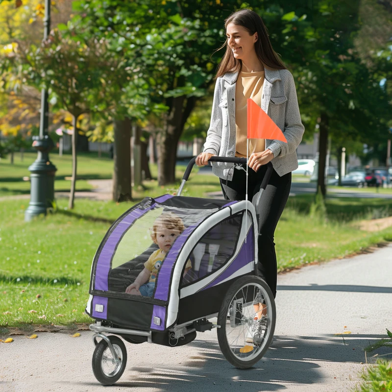 HOMCOM Baby Bike Trailer with 5 Point Harness, Steel Frame, Reflectors, Safety Flag, Hitch Coupler, Purple
