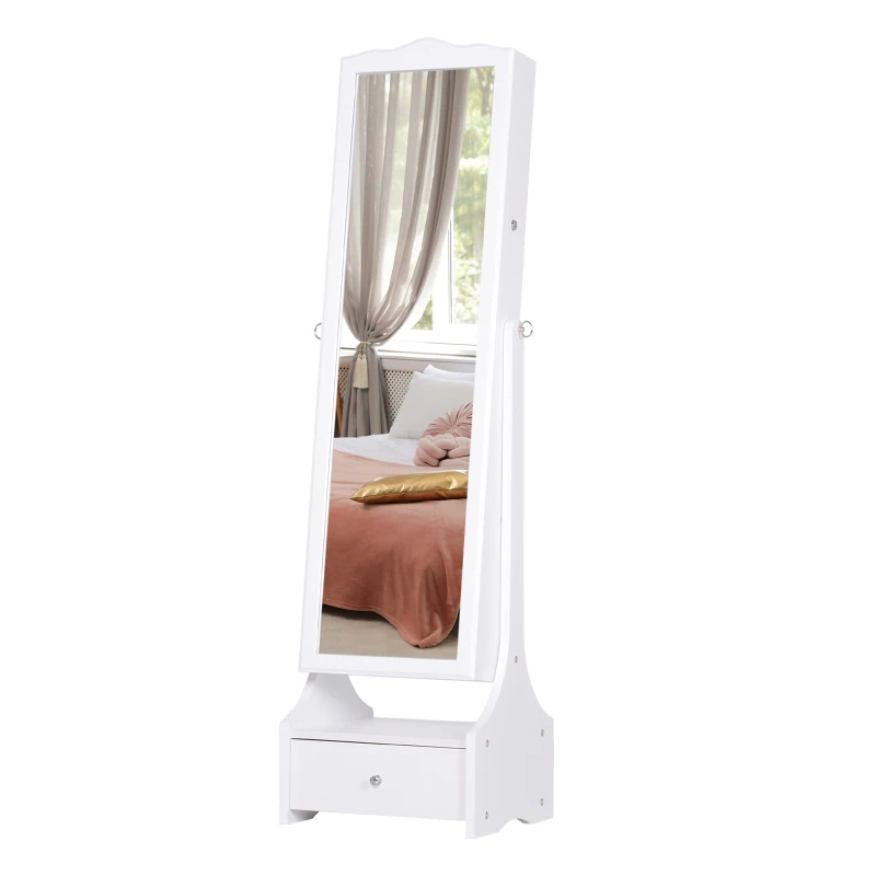HOMCOM Espejo Joyero con Luces LED, Armario para Joyas, Armario Joyero con Espejo Entero de Ángulo Ajustable, Cajones, Mesa Interior Plegable, Cerradura, Luces Apagado Automático, Blanco y Forro Negro