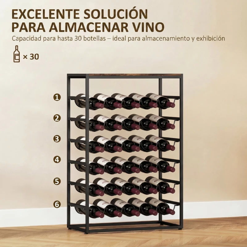HOMCOM Botellero para 30 Botellas de 6 Niveles con Encimera de Efecto Madera Estilo Industrial 59x30x88,5 cm Marrón Rústico