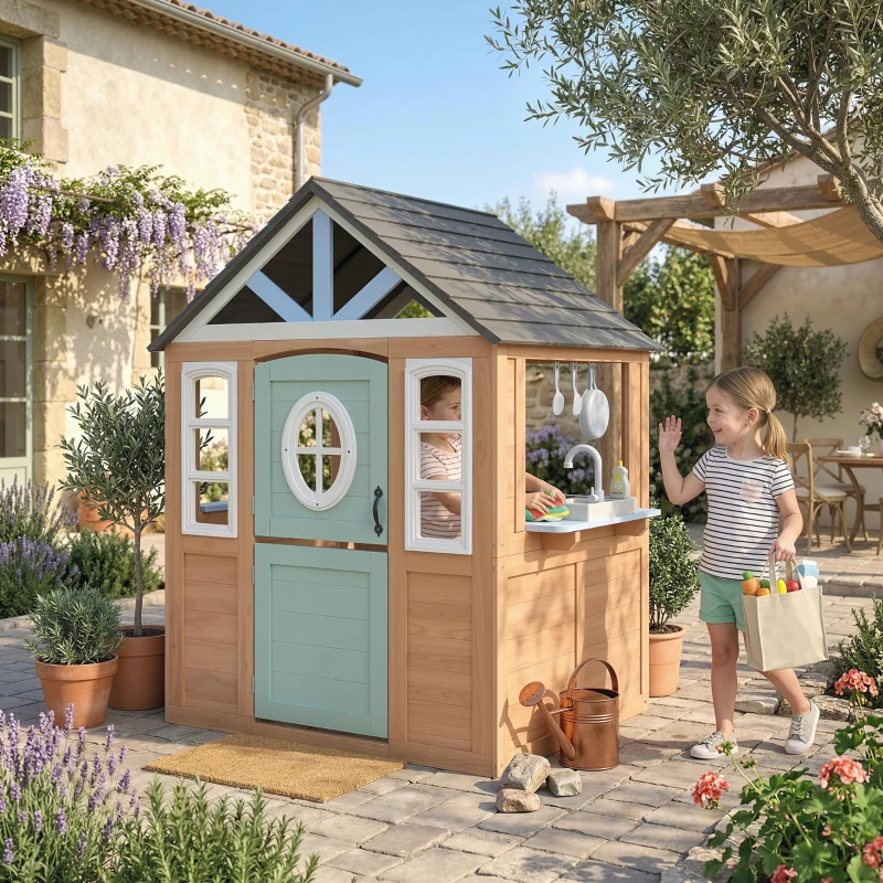 AIYAPLAY Wooden Playhouse for Kids, Wendy House with Pet Door, Play Kitchen, Half Door and Windows for Indoor Outdoor, Ages 2+