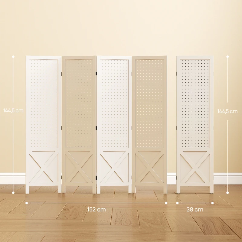 HOMCOM Paravent intérieur en bois 4 panneaux séparateur de pièce pliable panneau perforé 152 x 1,7 x 144,5 cm blanc