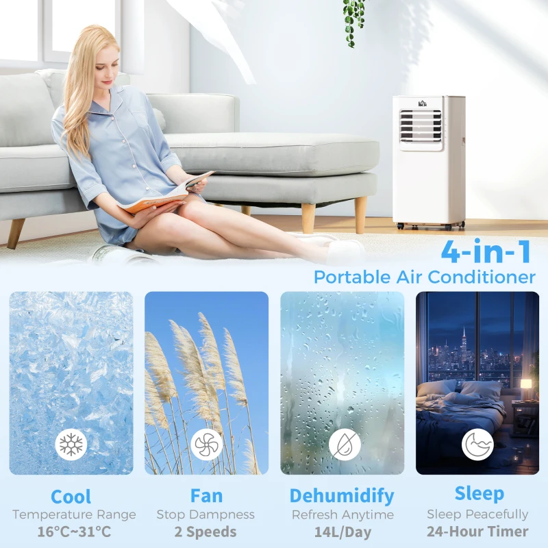 HOMCOM 5000 BTU Portable Air Conditioner, 4-in-1 Air Conditioning Unit, Dehumidifier, Cooling, Fan, Sleep Mode, with Remote Control, 2 Speeds, 24H Timer, Window Venting Kit, 12m²