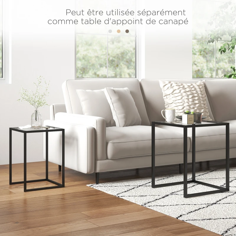HOMCOM Lot de 2 tables basse gigogne, tables d'appoint empilable, plateau verre trempé cadre acier, patins antidérapants, noir