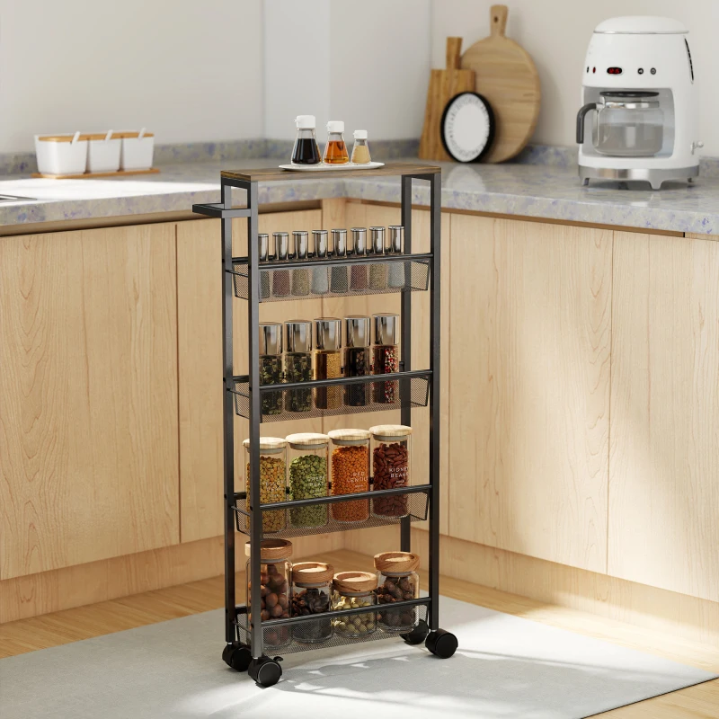 HOMCOM Slim Storage Trolley, 5-Tier Kitchen Cart on Wheels with Wood-effect Top, Handle for Living Room, Bathroom, Black