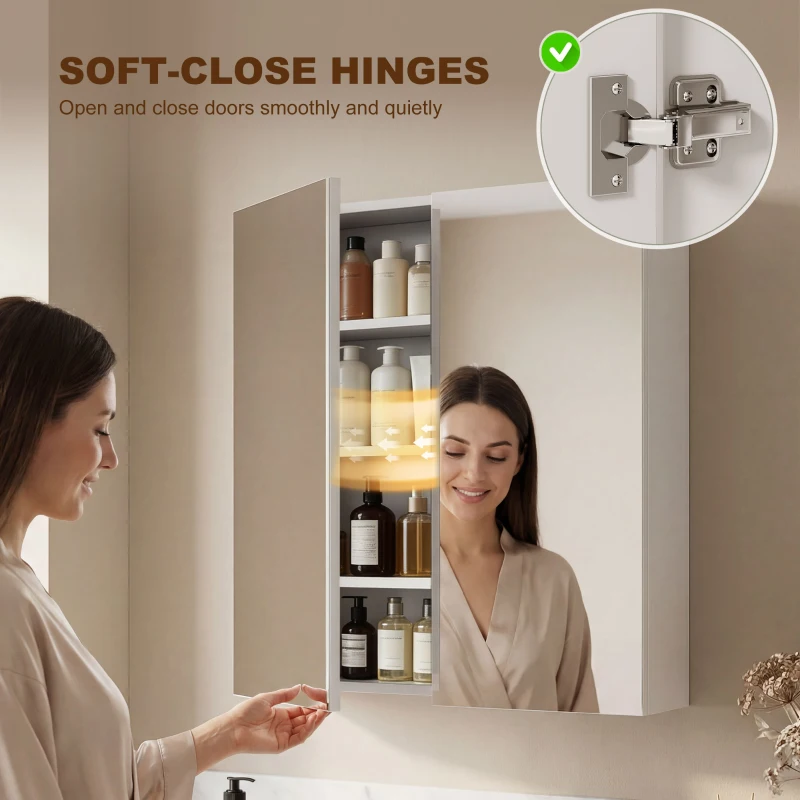 HOMCOM Bathroom Mirror Cabinet, 3-Tier Wall Mount Bathroom Storage Cabinet with Soft-Close Hinges and Adjustable Shelf, Double Door Cupboard, 60 x 15 x 75 cm, White