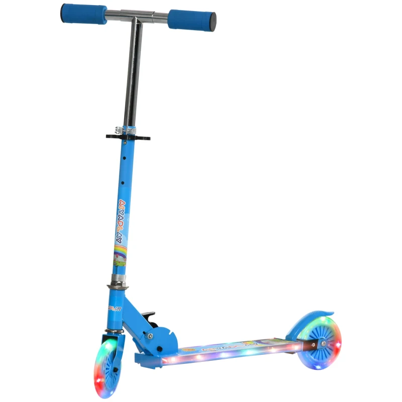 HOMCOM Patinete Infantil Plegable con Luces Música Altura Ajustable Ruedas Brillantes Pedal LED Carga 50kg 67x32x65-78 cm Azul