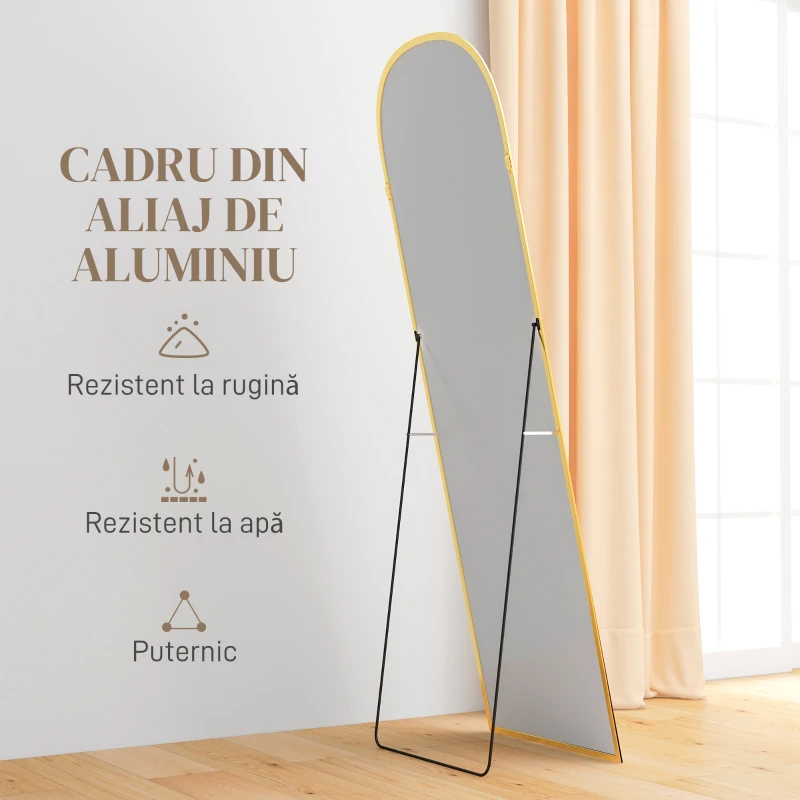 HOMCOM Oglindă de Podea și Perete Modernă din Aluminiu cu Suport Pliabil, 50x170cm, Auriu