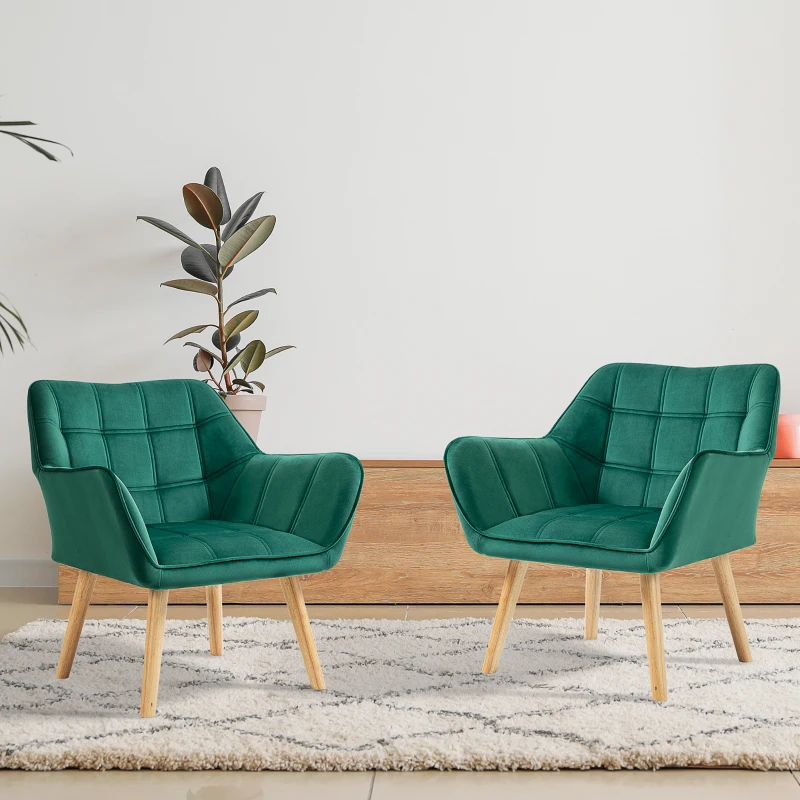 HOMCOM Accent Chair, Velvet Upholstered Vanity Tub Chair with Flared Armrests, Slanted Back, Solid Wood Legs, Comfy Padding Armchair, Home Bedroom Furniture Seating, Set of 2, Green