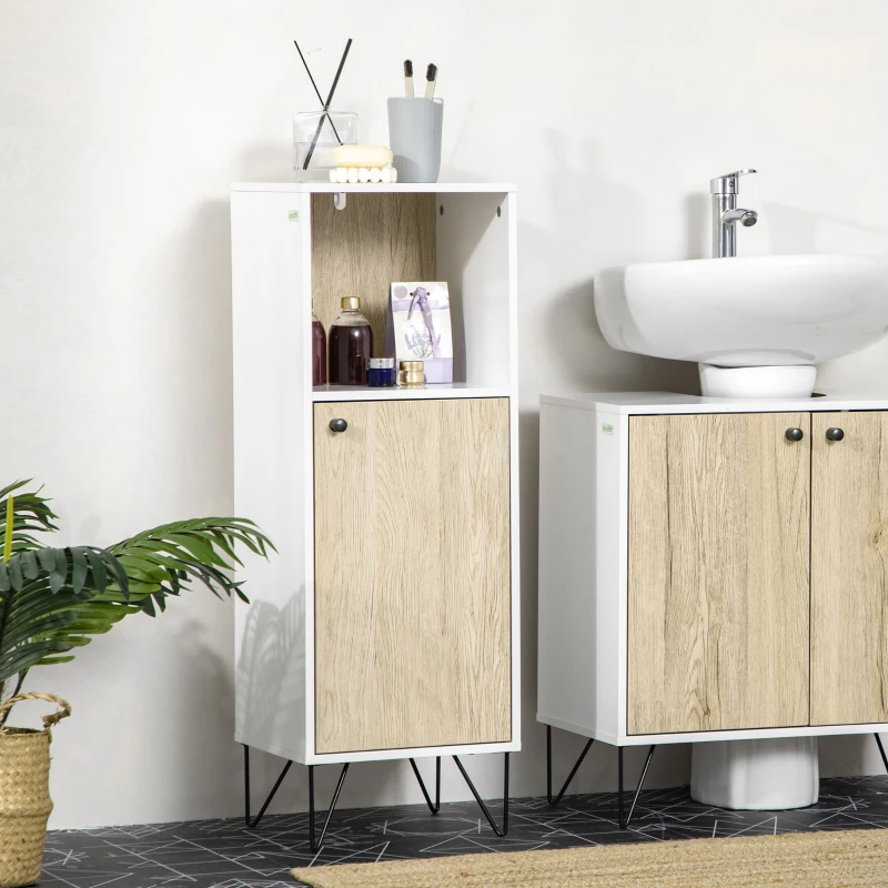 kleankin Mobile Bagno con Ripiano Aperto e Armadietto con Anta in Legno, 31.5x30x91cm, Quercia e Bianco