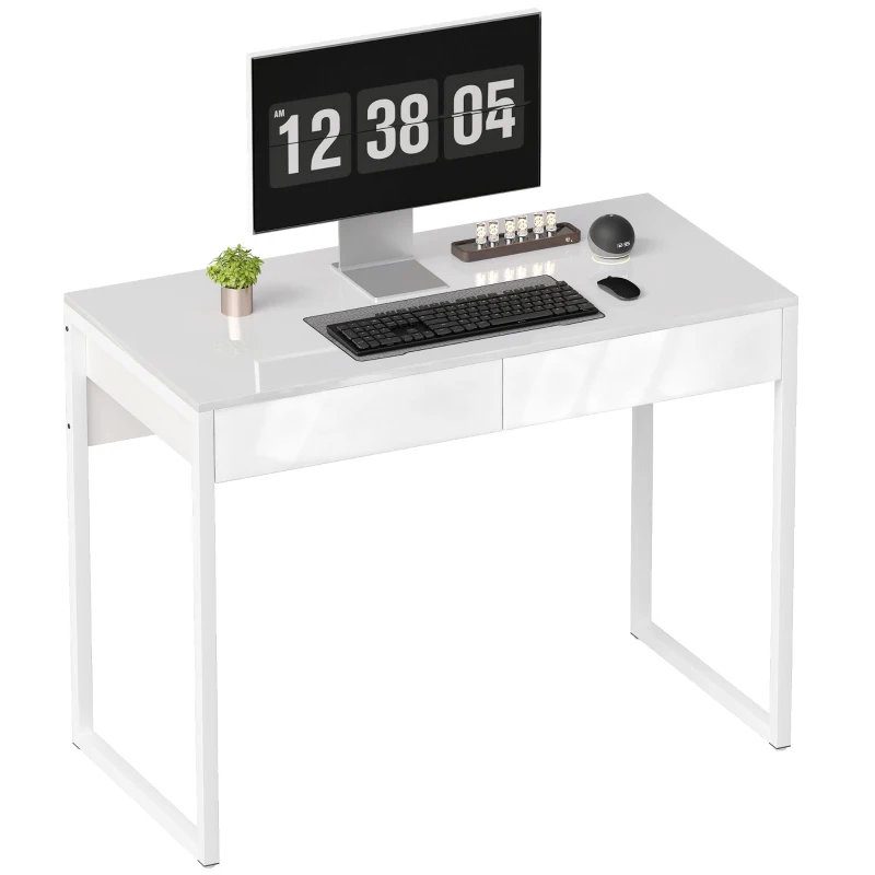 HOMCOM Bureau avec 2 tiroirs, table d'ordinateur 100 x 50 cm, bureau moderne pied en acier, pour petits espaces, blanc brillant