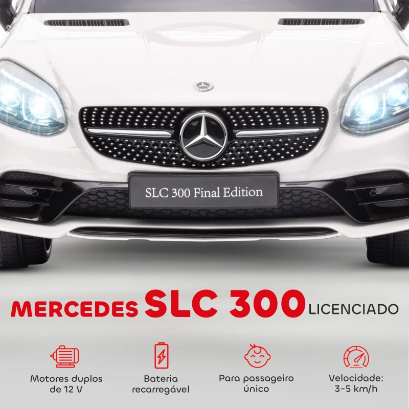 AIYAPLAY Carro Elétrico Mercedes SLC 300 12V com Faróis LED Buzina Música TF USB e Abertura da Porta 3-5km/h 107x62,5x44 cm Branco