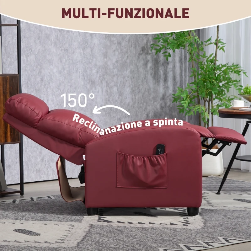 HOMCOM Sillón de Masaje Reclinable con Mando a Distancia Bolsillo Lateral y Temporizador Tapizado en PU 68x88x98cm Rojo Burdeos