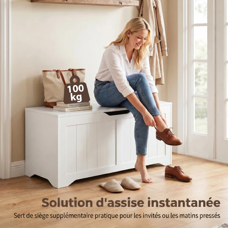 HOMCOM Coffre de Rangement 136 L, Banc Coffre avec 2 Charnières de Sécurité et Design Sans Poignée, 100 x 40 x 45 cm, Blanc