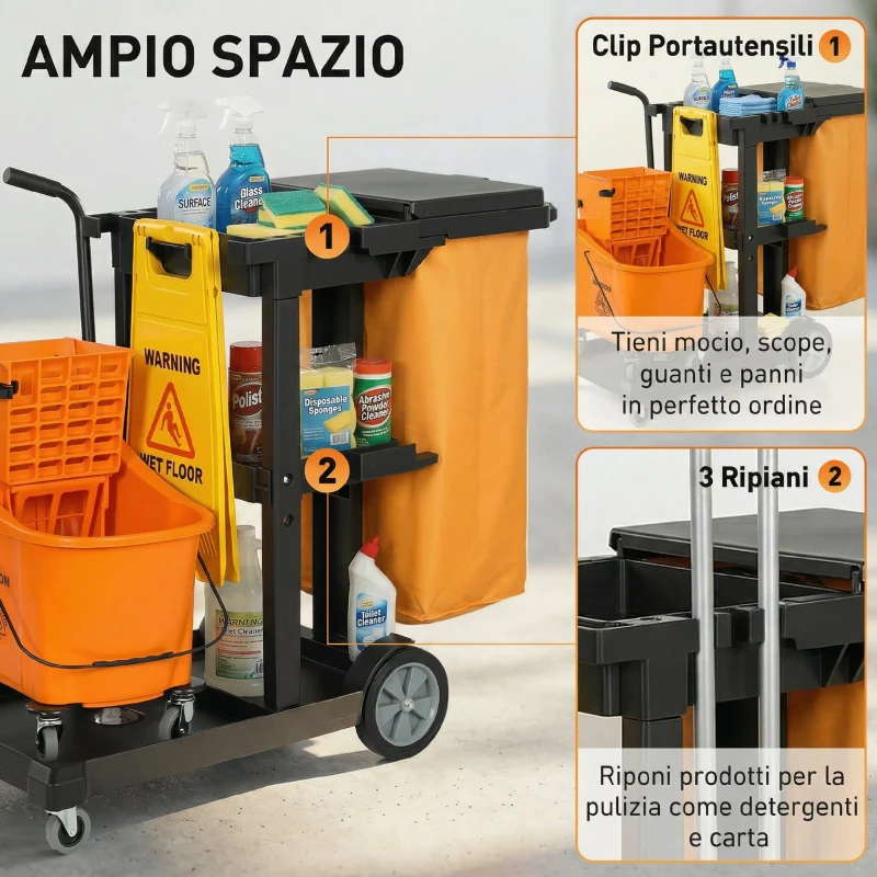 HOMCOM Carrello Pulizie: Ruote, 3 Ripiani, Sacco 70L, Secchio con Strizzatore.