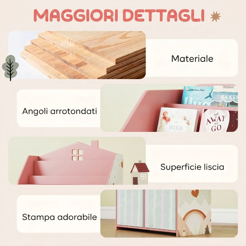 AIYAPLAY Libreria per Bambini a 3 Livelli con Cassetti e Scaffali, in Legno e Tessuto, 62.5x30x91.5 cm, Rosa