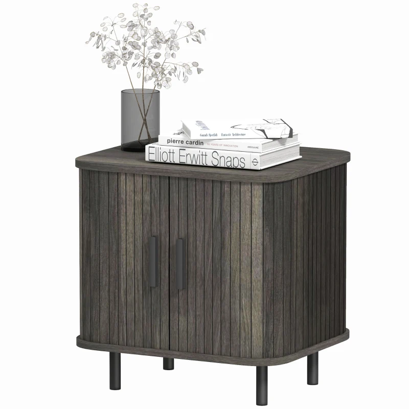 HOMCOM Nightstand with Sliding Doors and Metal Legs Grey