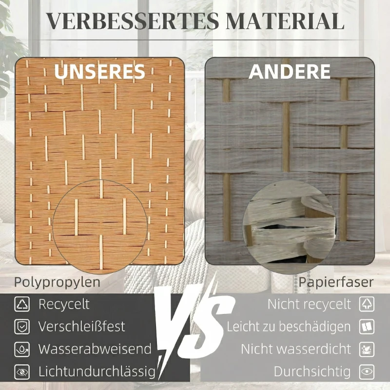HOMCOM Raumteiler, 4-teilig faltbare Trennwand, Geflechtmuster, Kiefernholz, Naturholz