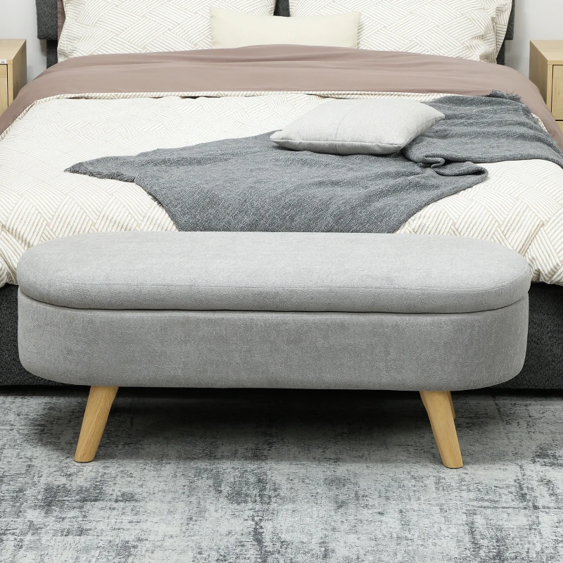 HOMCOM Banc banquette bout de lit coffre de rangement 2 en 1 en tissu avec pieds en bois 110l x 40P x 43H cm gris clair