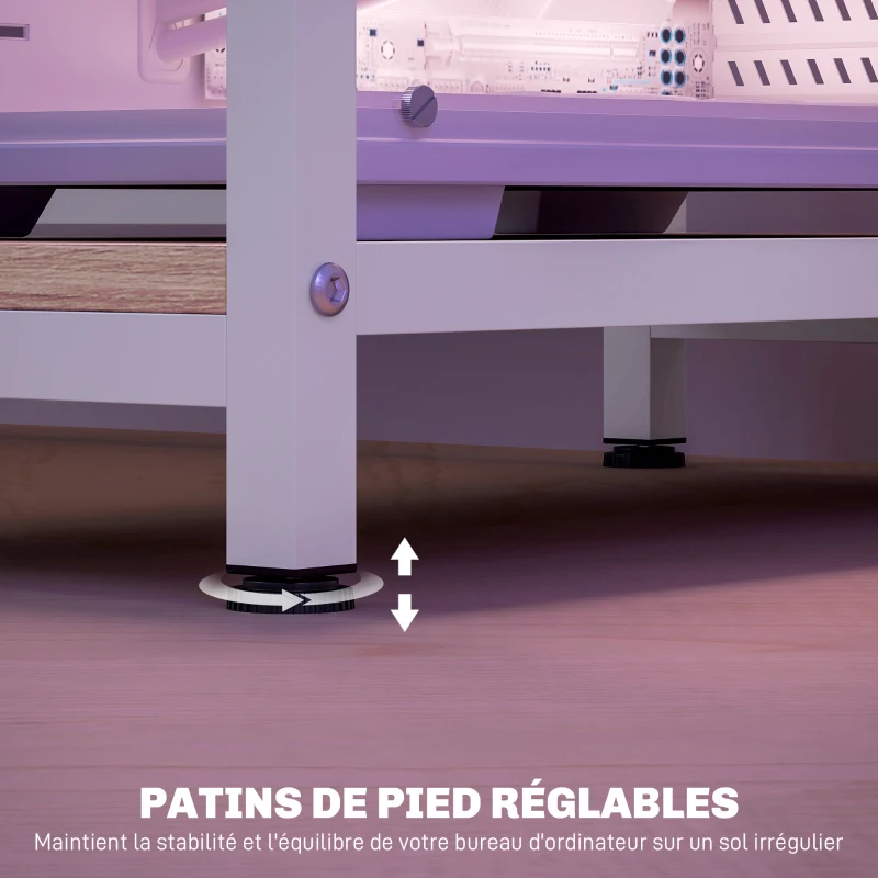 HOMCOM Bureau d'ordinateur bureau lumières LED réglables 2 prises ports USB tiroirs étagères 155,5x48x88,5cm effet bois naturel