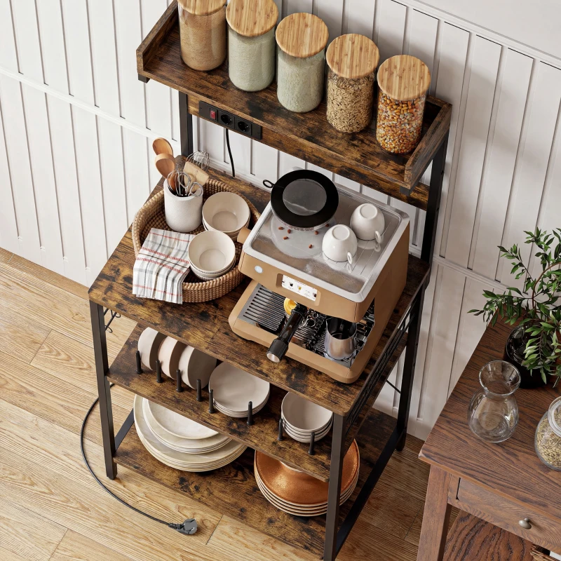 HOMCOM Estantería de Cocina con 2 Tomacorrientes Estante para Microondas Estante Ajustable Ganchos 60x42x137 cm Marrón Rústico