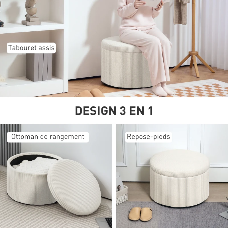 HOMCOM Pouf coffre rangement, tabouret rond, pouf repose-pieds en velours côtelé, charge 120 Kg, Ø 60 x 41 cm, beige