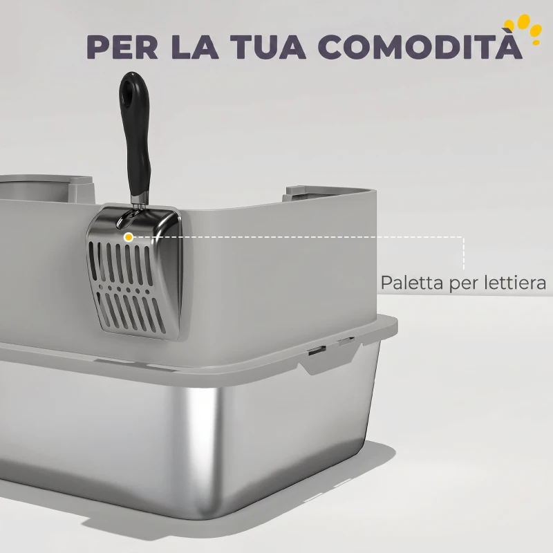 PawHut Lettiera per Gatti XL in Acciaio Inox con Paletta, Lati Alti, Antiperdita, Antiodore, Fino a 7 kg, Grigio