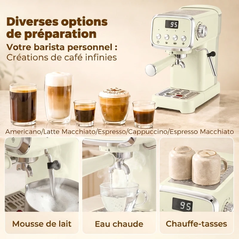 HOMCOM Machine à Expresso avec Buse Vapeur à Mousse de Lait, Cafetière 20Bars, Réservoir d'Eau Amovible 1,2 L, Crème