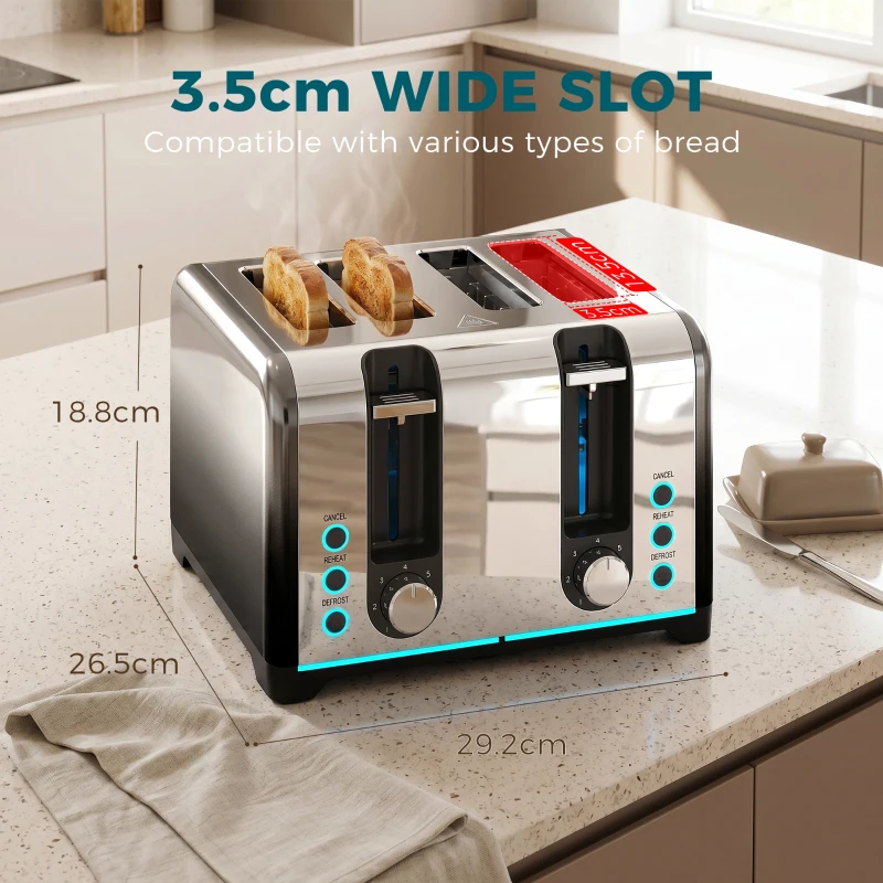 HOMCOM 4 Slice Toaster with 7 Browning Levels, Reheat, Defrost and Cancel Functions