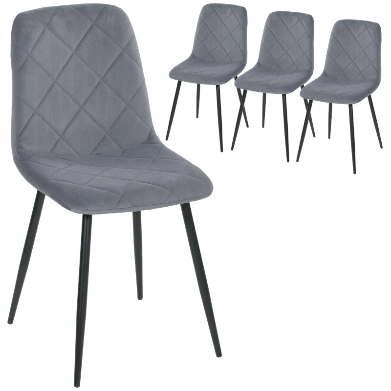 HOMCOM Lot de 4 chaises de salle à manger rembourrées avec dossier haut, pieds en acier et tissu effet velours, gris
