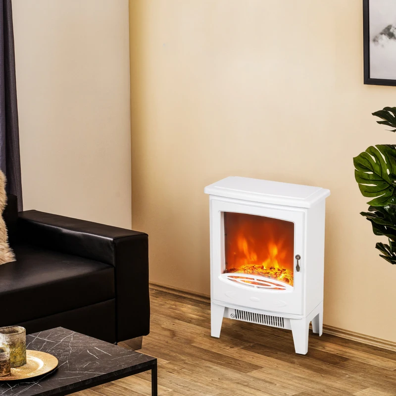 HOMCOM Tempered Glass Casing Electric Fireplace, Freestanding Electric Fire with Realistic Flame Effect, Log Burner with Overheat Protection, 1000w/ 2000W, White