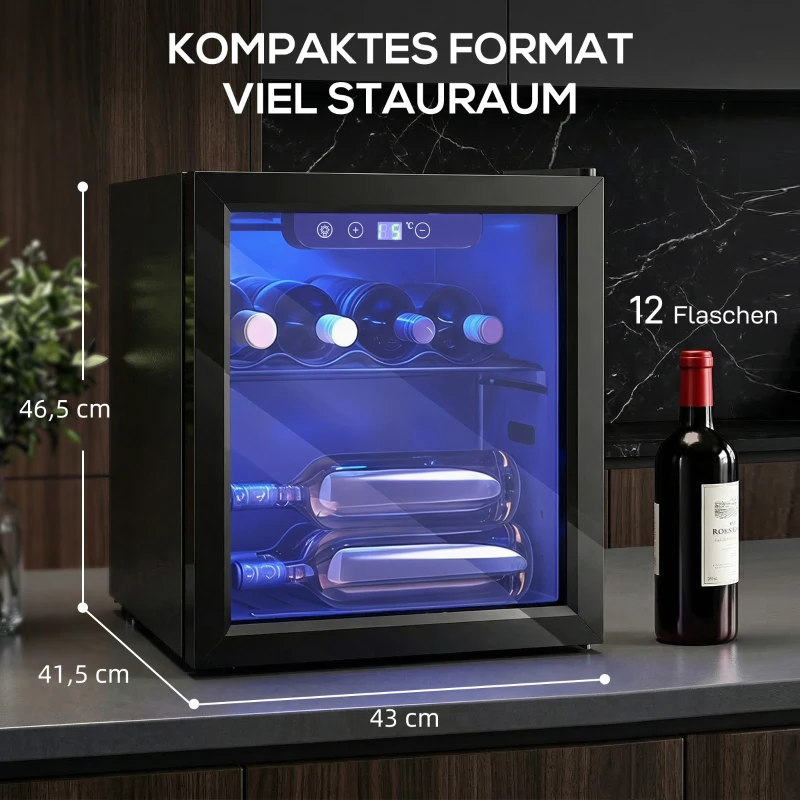 HOMCOM Weinkühler für 12 Flaschen, 36 L Kapazität, 4–16°C, Unterbau Kühlschrank für Getränke und Bier, mit Glastür, LED-Licht