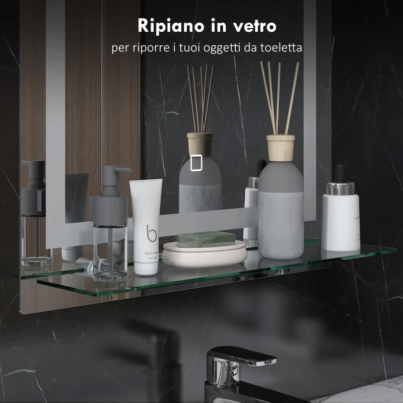 kleankin Specchio per Bagno a Luci LED a 3 Colori Regolabili con Mensola in Vetro, 50x12x70 cm, Argento