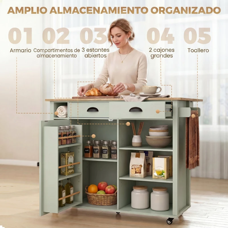 HOMCOM Isla de Cocina con Ruedas Tapa Abatible Especiero Estantes en la Puerta Armario 2 Cajones 117,5x70x91 cm Verde Claro
