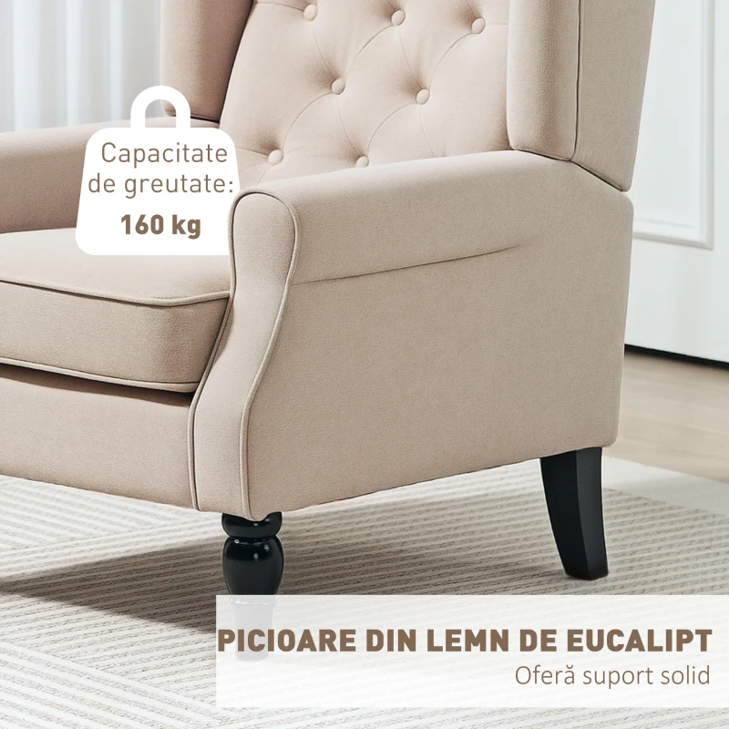 HOMCOM Fotoliu pentru Living în Stil Franțuzesc cu Șezut Tapițat și Perne din Catifea de Gheață, 74x86x102 cm, Bej