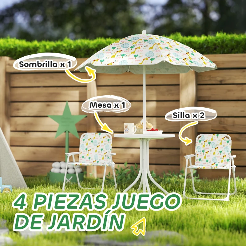 AIYAPLAY Conjunto de Mesa y Sillas Infantil de Jardín 4 Piezas Sillas Plegables Sombrilla Ajustable Diseño de Elefantes Blanco
