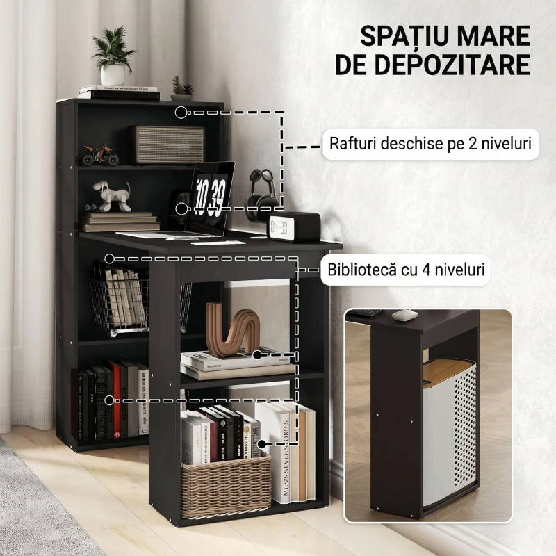 HOMCOM Birou PC din Lemn cu 6 Rafturi Laterale pentru Depozitare, 120x55x120 cm, Negru