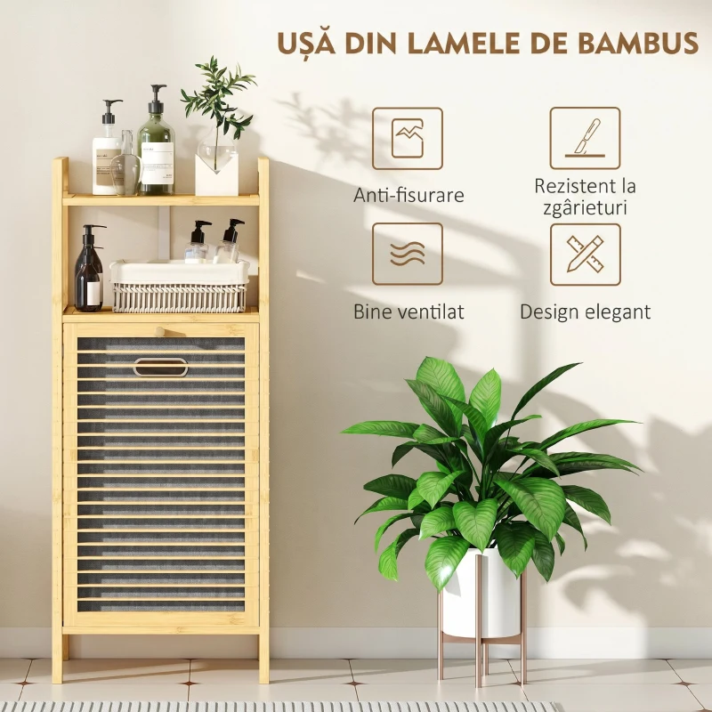 HOMCOM Dulap Baie cu Lamele, Coș de Rufe și Dulap, din Bambus și Poliester, 40x30x95 cm, Gri și Lemn Natural
