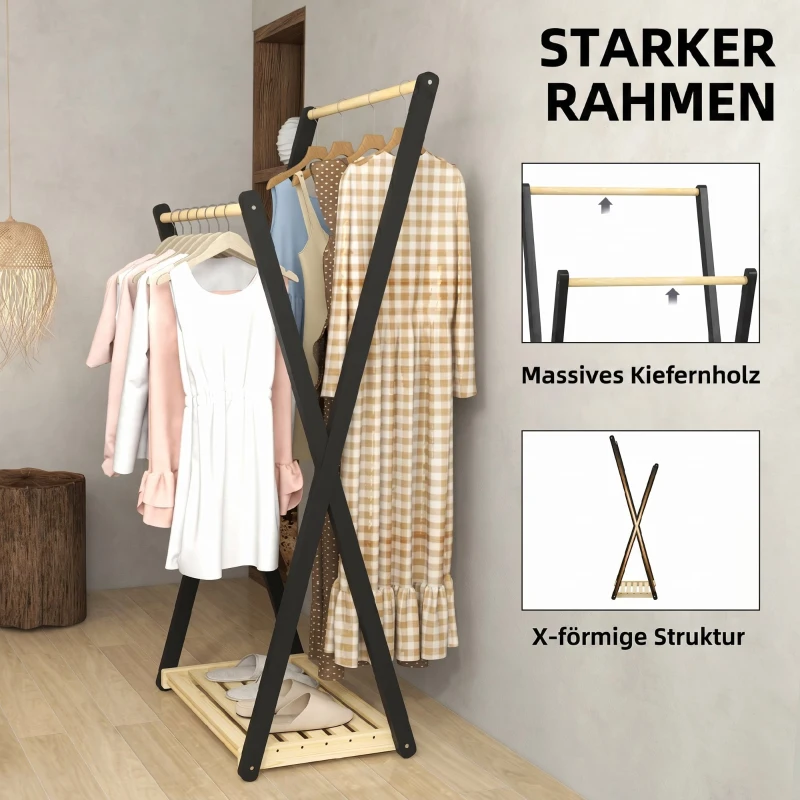 HOMCOM Cuier de podea din lemn cu 2 bare și raft inferior, design modern, 61x45x152cm