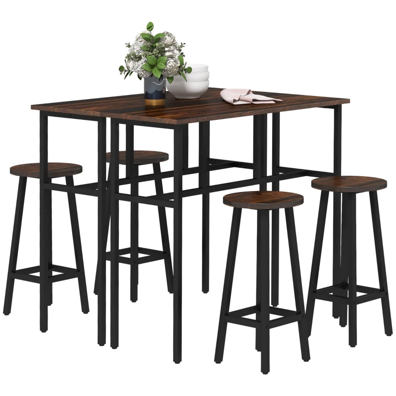 HOMCOM 6-Piece Industrial Bar Table Set, 2 Breakfast Tables with 4 Stools Brown