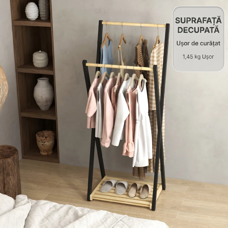 HOMCOM Cuier de podea din lemn cu 2 bare și raft inferior, design modern, 61x45x152cm