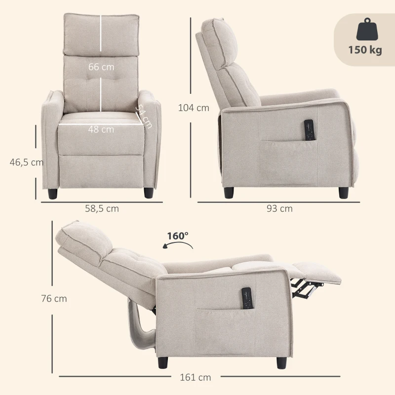 HOMCOM Sillón de Masaje Reclinable con Reposapiés 2 Zonas de Masaje Asiento de Muelles Bolsillos Tapizado en Lino Crema