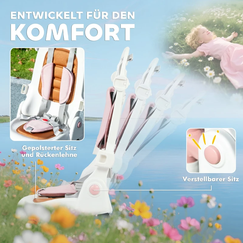 AIYAPLAY Triciclu pentru copii 5 în 1 cu mâner de împingere și acoperire detașabilă, 96,5x49x101 cm, roz