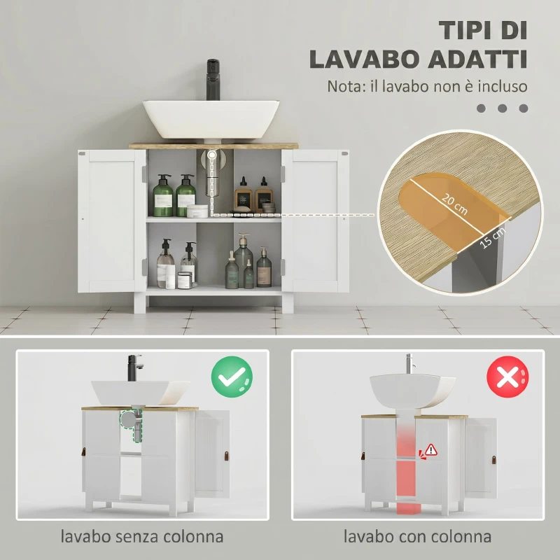 kleankin Mobile Sotto Lavabo per Bagno, 2 Ante, Ripiano Regolabile, 2 Livelli di Archiviazione, Maniglie in PU, 60 x 30 x 60 cm, Bianco