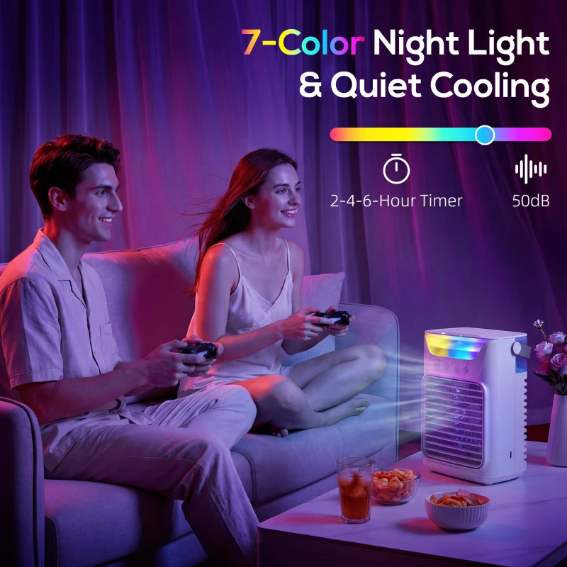 HOMCOM Air Cooler with Adjustable Head, Portable Air Conditioner with 3 Wind Speed, 2 Cool Mist, RGB Light, White