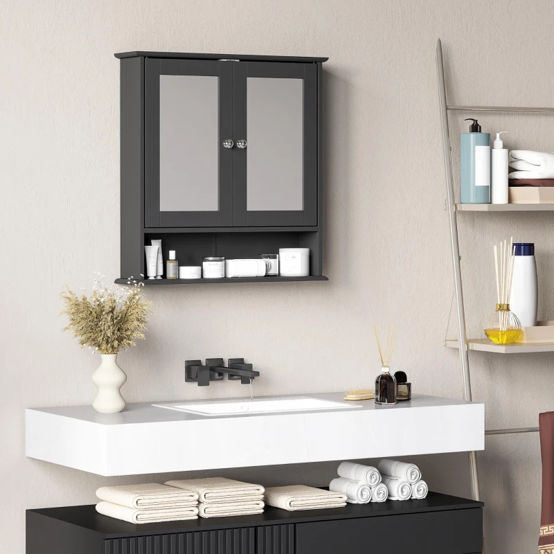 kleankin Dulap de baie cu oglindă Dulap de perete cu 2 uși Raft deschis Raft reglabil 56x13x58cm Negru